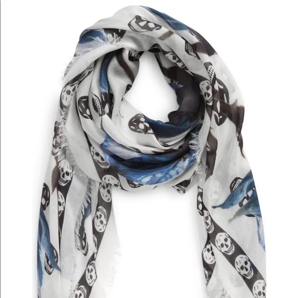 ALEXANDER MCQUEEN Classic Bellflower Modal & Silk Scarf white/black/indigo - Picture 3 of 11